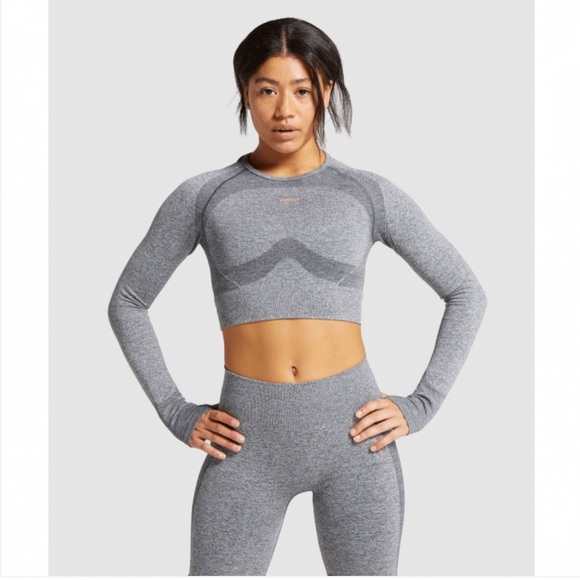 XS 2 PIECE Gymshark Cycling Shorts & Long Sleeve Crop Top - Charcoal Marl/Pink - Picture 3 of 8